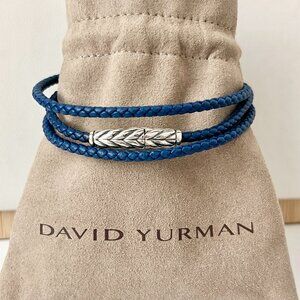 David Yurman Sterling Silver Chevron Triple Blue Leather Bracelet Medium